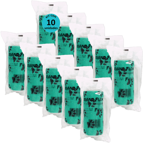 Atadura 10cm Verde Com Patinhas Band-Flex Autoadesiva Para Animais Farex Kit Com 10